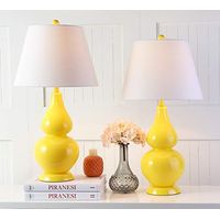 SAFAVIEH Lighting Collection Cybil Modern Contemporary Yellow Double Gourd Glass 27-inch Bedroom Living Room Home Office Desk Nightstand Table Lamp Set of 2 (LED Bulbs Included)