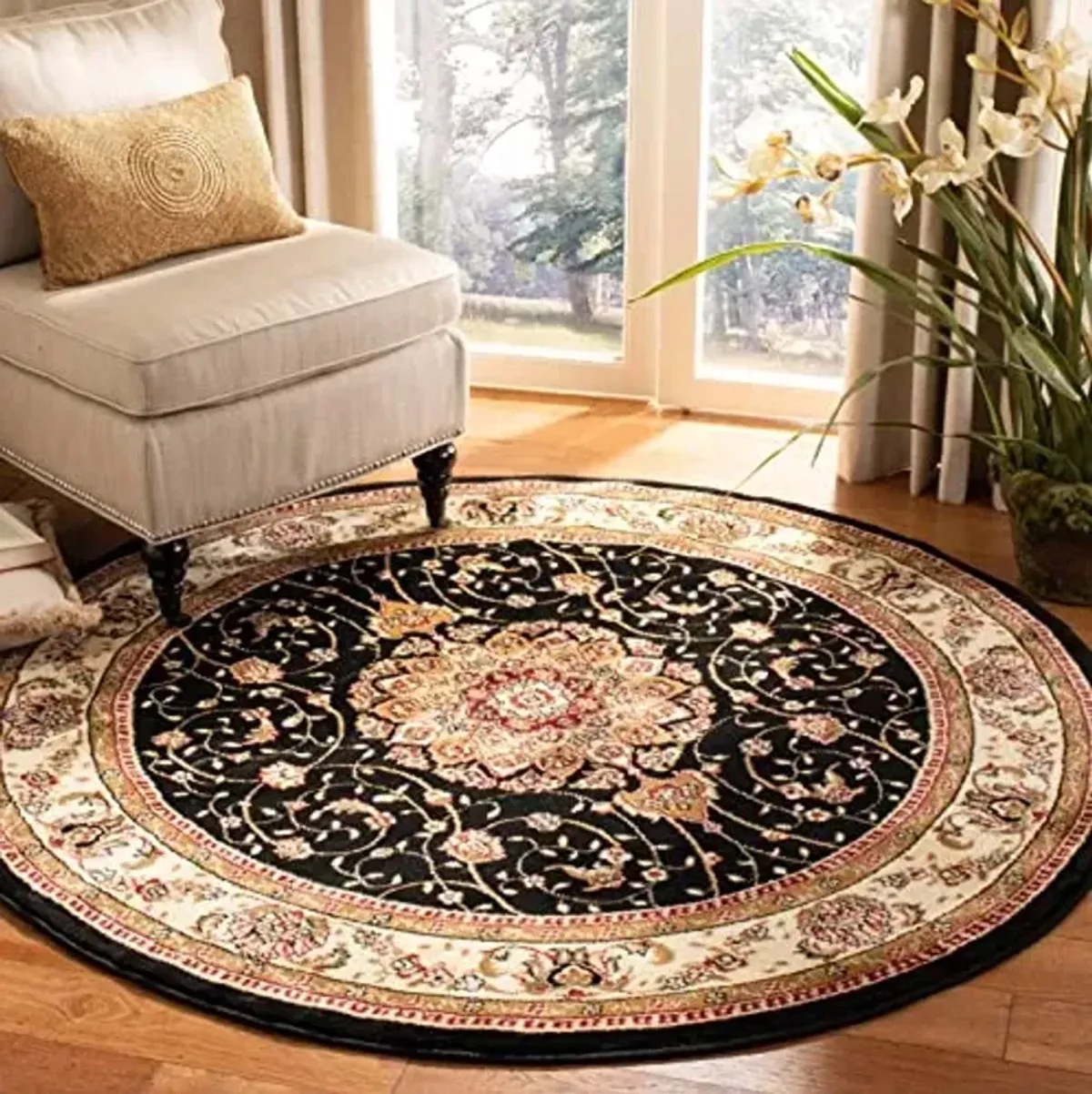 SAFAVIEH Lyndhurst Collection Area Rug - 7' Round, Black & Ivory, Traditional Oriental Design, Non-Shedding & Easy Care, Ideal for High Traffic Areas in Living Room, Bedroom (LNH329A)