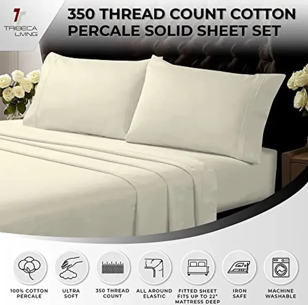Tribeca Living Twin Bed Sheet Set, Crisp and Smooth Egyptian Cotton Percale Solid Sheets and Pillowcase Set, Extra Deep Pocket, 350 Thread Count, 3-Piece Luxury Bedding, Ivory
