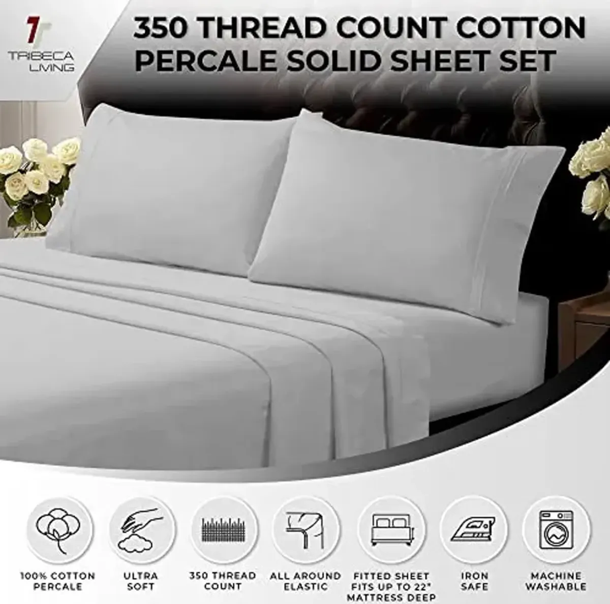 Tribeca Living Full Size Bed Sheet Set, Crisp and Smooth Egyptian Cotton Percale Solid Sheets and Pillowcase Set, Extra Deep Pocket, 350 Thread Count, 4-Piece Luxury Bedding, Silver