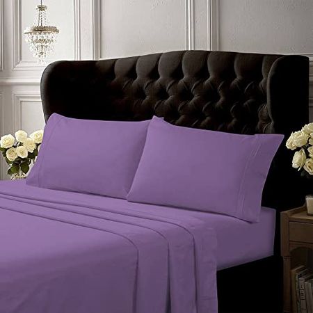 Tribeca Living, Crisp and Smooth Egyptian Cotton Percale Solid Sheets and Pillowcase Set, Extra Deep Pocket, 350 Thread Count, 4-Piece Luxury Bedding, Twin, Lavender