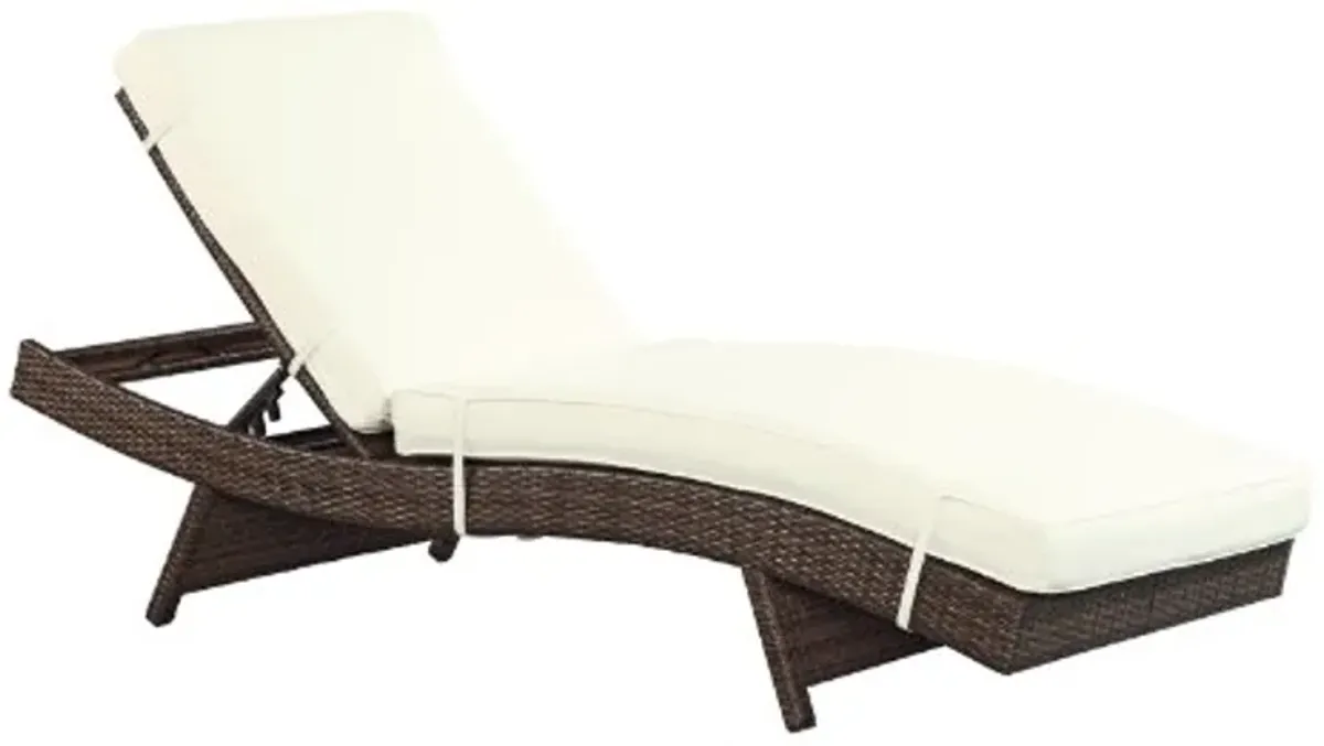 Modway Peer Outdoor Wicker Chaise Lounge Chair with Brown Rattan and White Cushions