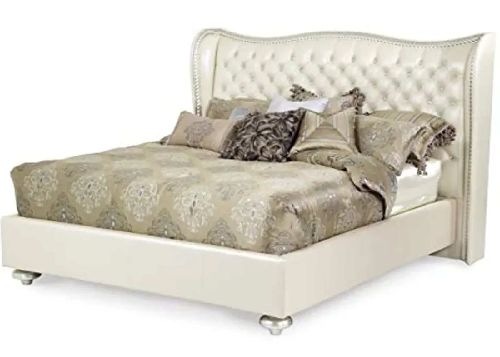 Aico Hollywood Swank Leather Queen Bed in Creamy Pearl by Michael Amini