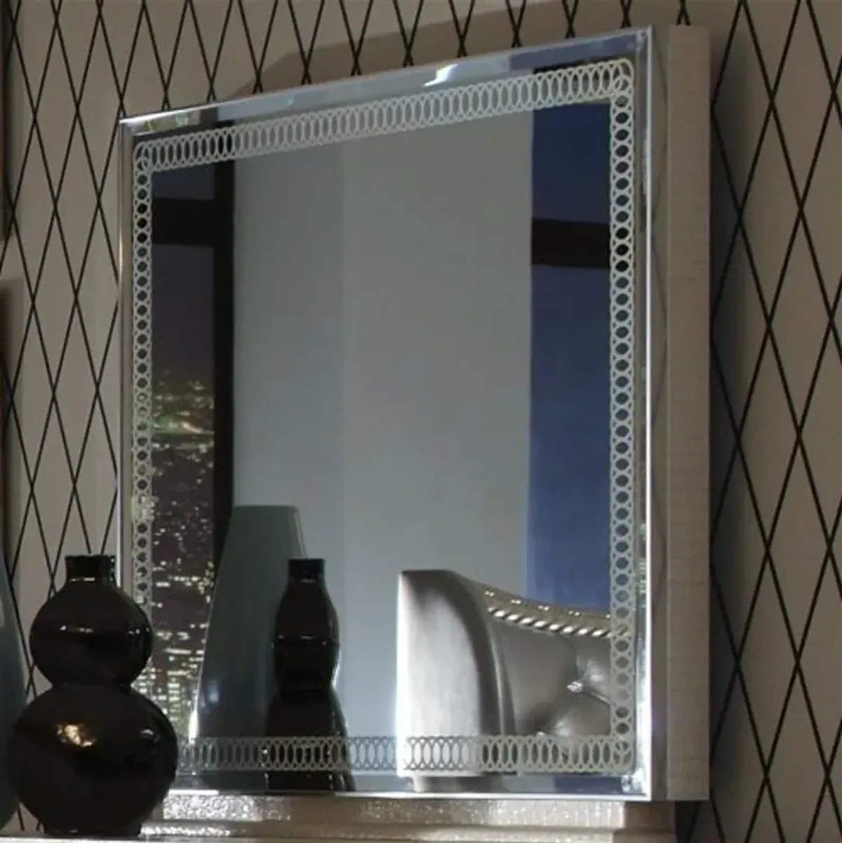 Aico Hollywood Swank Dresser and Mirror in Crystal Croc by Michael Amini