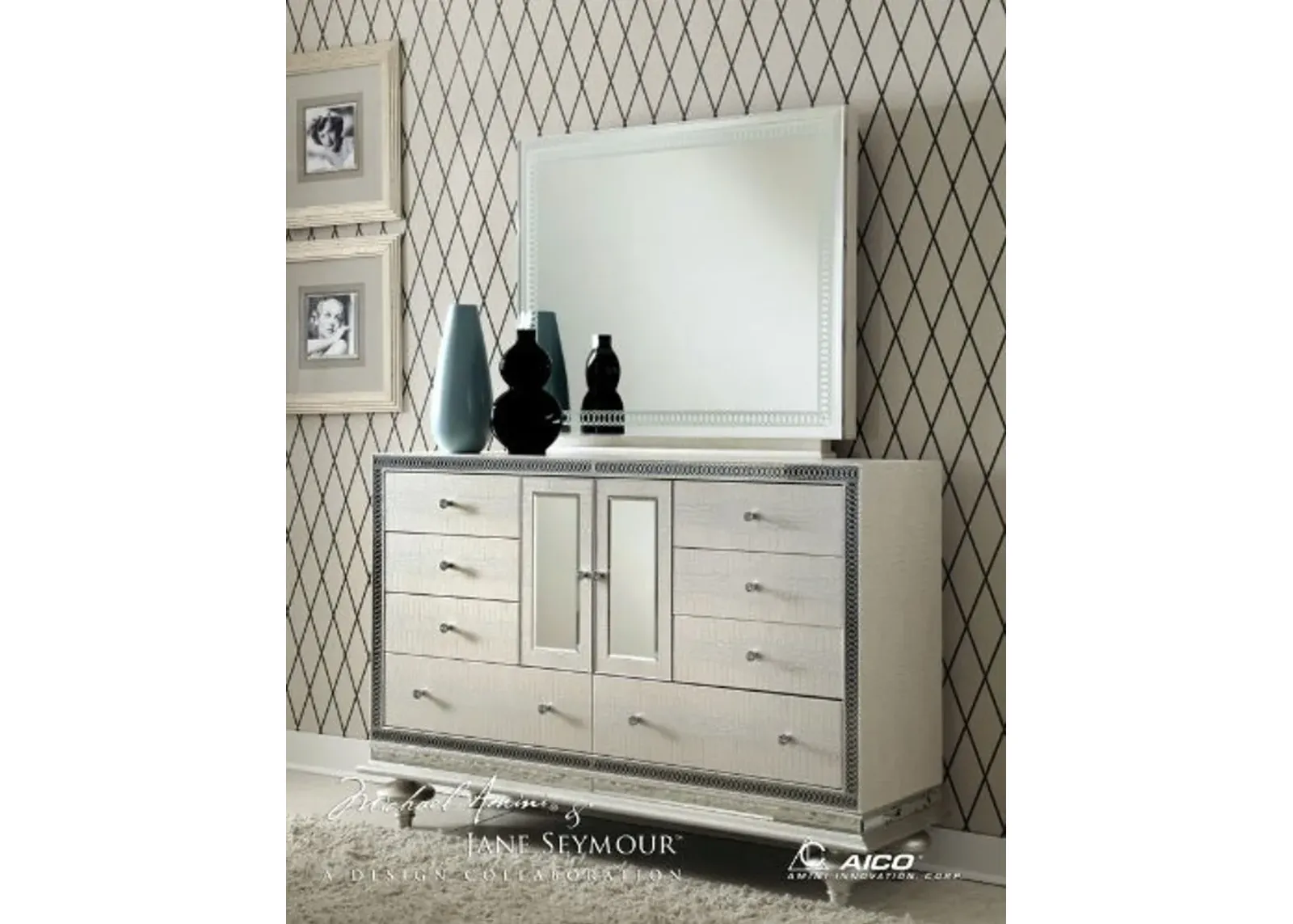 Aico Hollywood Swank Dresser and Mirror in Crystal Croc by Michael Amini