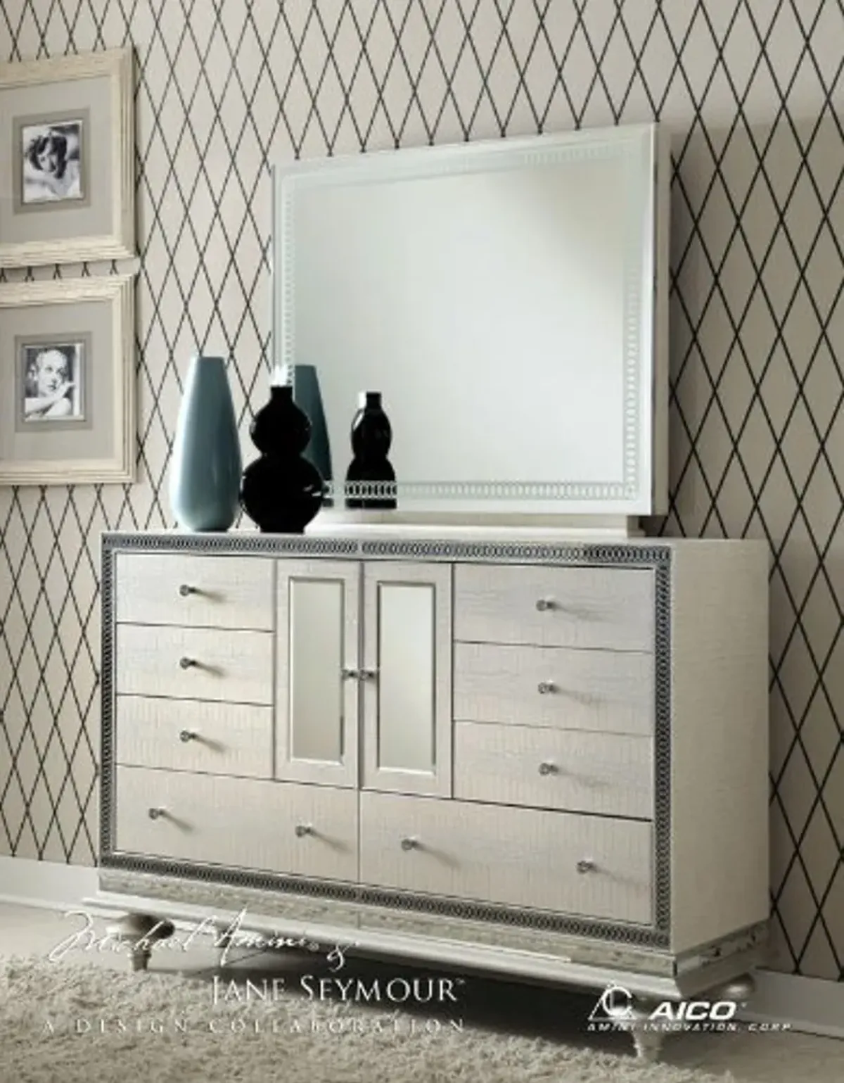 Aico Hollywood Swank Dresser and Mirror in Crystal Croc by Michael Amini