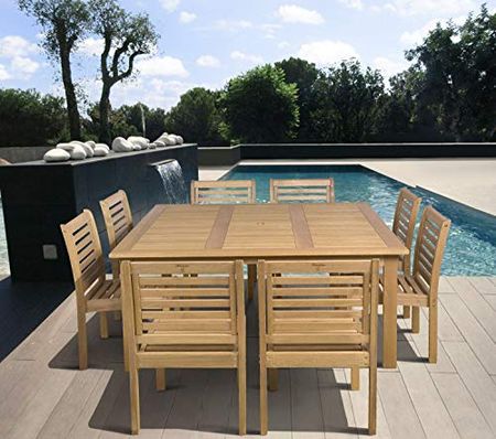 Amazonia Venice 9-Piece Outdoor Armless Square Dining Set | Eucalyptus Wood | Ideal for Patio and Indoors