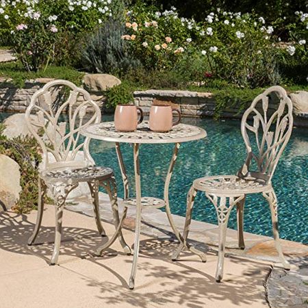 Christopher Knight Home Nassau Outdoor Vintage Style Cast Aluminum Bistro Set with Tulips, 3-Pcs, Sand