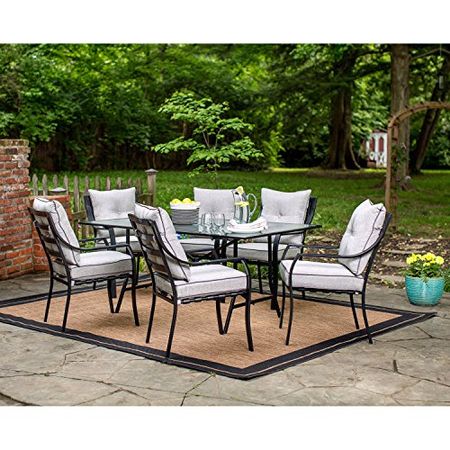 Hanover Lavallette 7-Piece Outdoor Dining Set in Gray with 6 UV Protected Cushioned Chairs and Rectangular Glass-Top Table