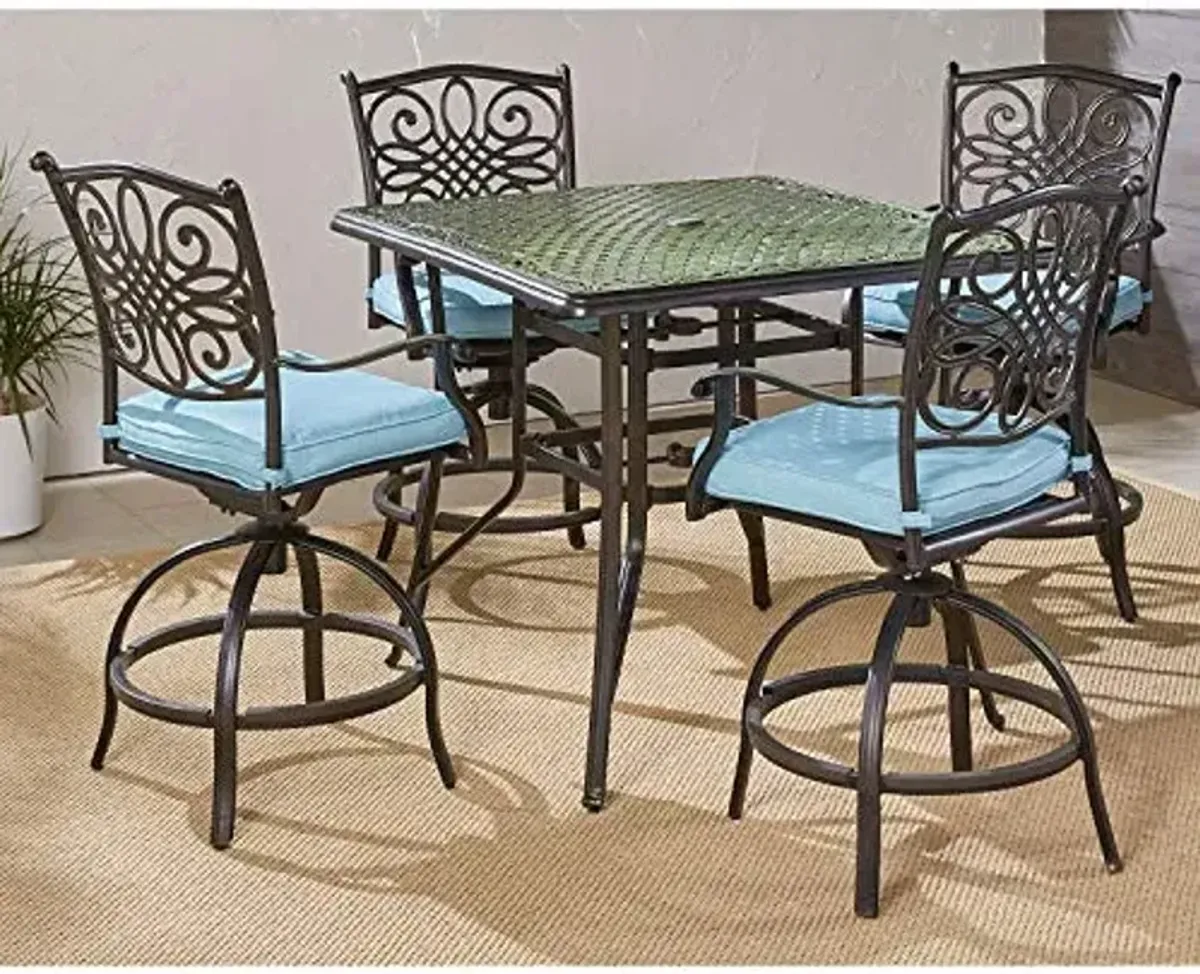 Hanover Traditions 5-Piece High-Dining Set with Cushioned Swivel Chairs and 42 in. Square Cast-Top Table, Weather Resistant Patio Dining Set for 4, Blue
