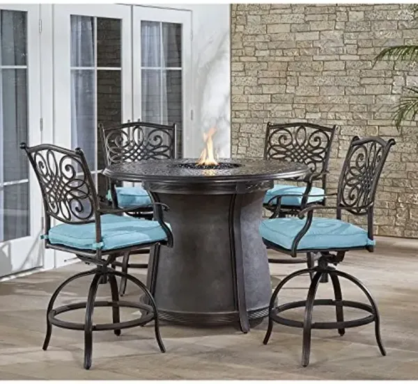Hanover Traditions 5-Piece Outdoor Dining Set with 4 Swivel Chairs, Plush Seat Cushions, and 40,000 BTU Cast-top Fire Pit Table, Modern Patio Set with Fire Pit