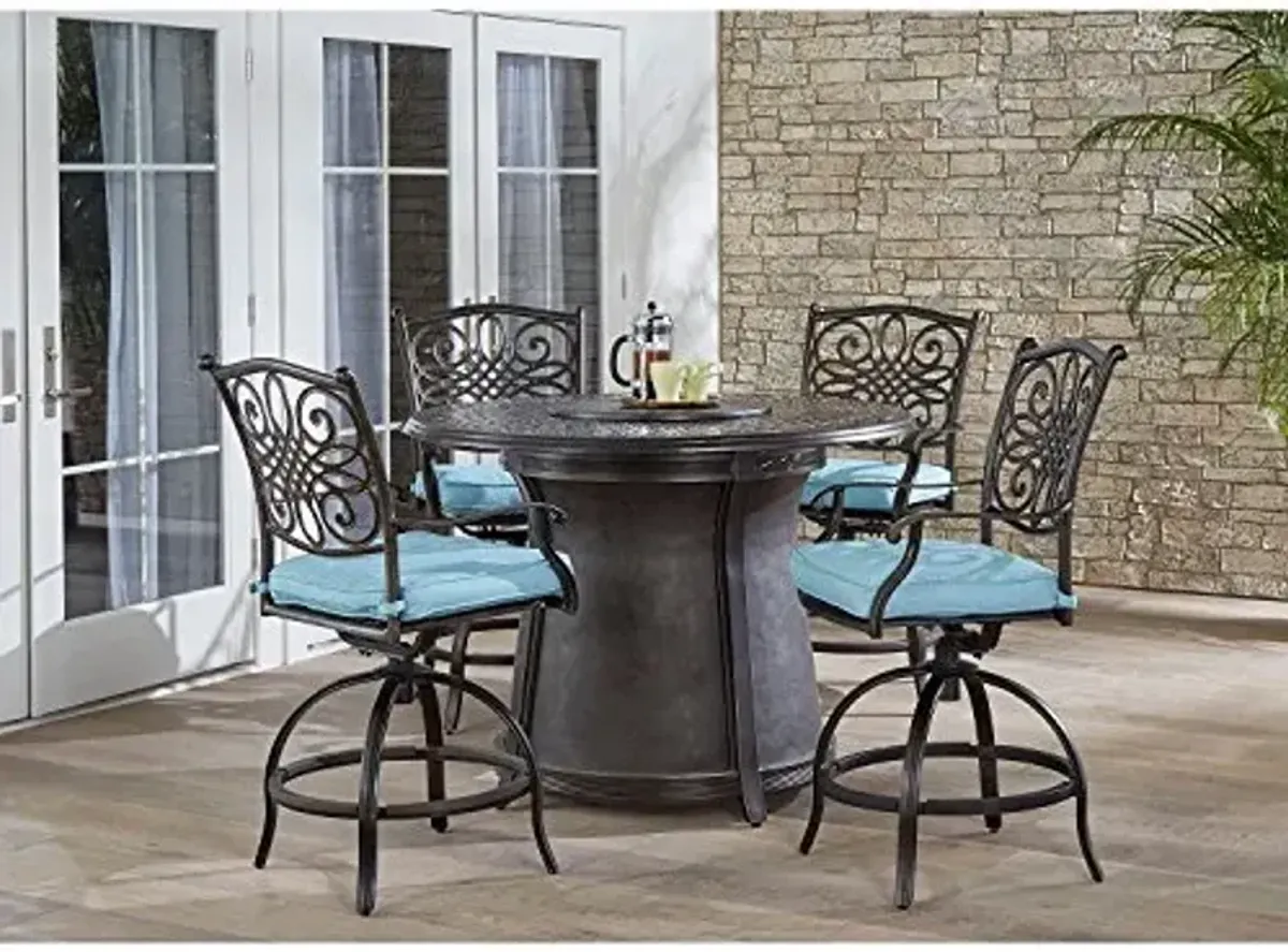 Hanover Traditions 5-Piece Outdoor Dining Set with 4 Swivel Chairs, Plush Seat Cushions, and 40,000 BTU Cast-top Fire Pit Table, Modern Patio Set with Fire Pit