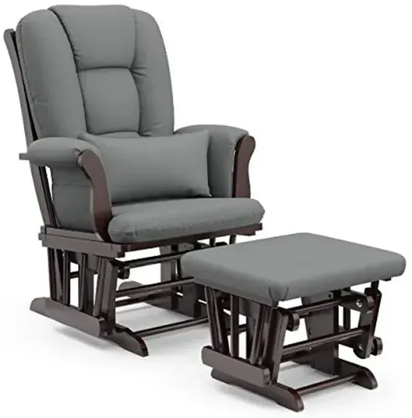 Storkcraft Tuscany Custom Glider and Ottoman with Free Lumbar Pillow (Espresso/Grey) - Cleanable Upholstered Comfort Rocking Nursery Chair with Ottoman