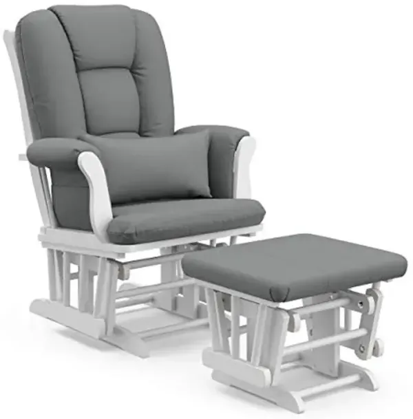 Storkcraft Tuscany Custom Glider and Ottoman with Free Lumbar Pillow (White/Grey) - Cleanable Upholstered Comfort Rocking Nursery Chair with Ottoman