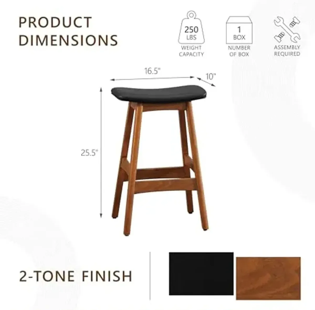 Homelegance Mid-Century Counter Height Stool, Set of 2, Solid Wood Frame, Faux Leather Upholstered Saddle Seat, Footrest, Modern Kitchen Island and Bar Seating, for Dining Room, Walnut/Matt Black