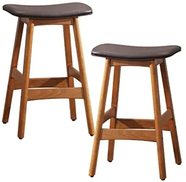 Homelegance Mid-Century Counter Height Stool, Set of 2, Solid Wood Frame, Faux Leather Upholstered Saddle Seat, Footrest, Modern Kitchen Island and Bar Seating, for Dining Room, Walnut/Matt Brown