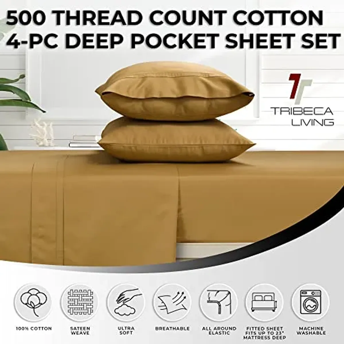 Tribeca Living 500 Thread Count Egyptian Cotton Sateen Deep Pocket Sheet Set, Queen, Gold
