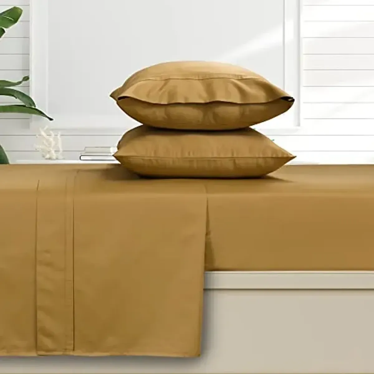 Tribeca Living 500 Thread Count Egyptian Cotton Sateen Deep Pocket Sheet Set, Queen, Gold