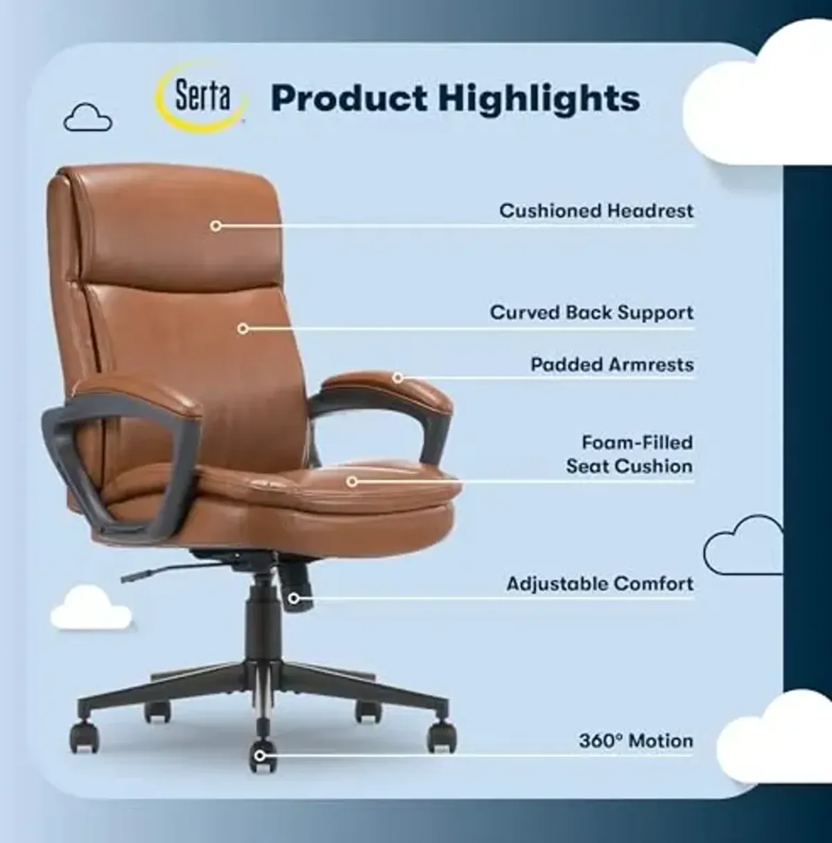 Serta Comfort Ergo Executive Office Chair, Ergonomic Mid-Back Design with Lumbar Support, Semi-Plush Double-Layer Seat Cushion, Padded Armrests, Swivel Metal Base, Bonded Leather, Cognac