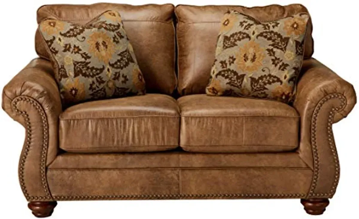 Signature Design by Ashley Larkinhurst Faux Leather Loveseat with Nailhead Trim and 2 Accent Pillows, Brown