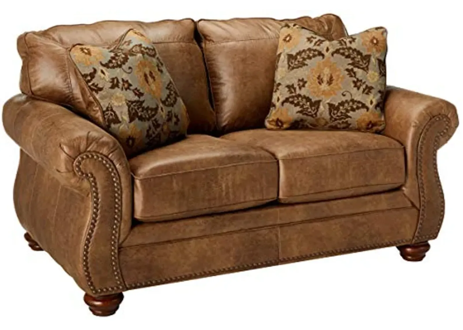 Signature Design by Ashley Larkinhurst Faux Leather Loveseat with Nailhead Trim and 2 Accent Pillows, Brown