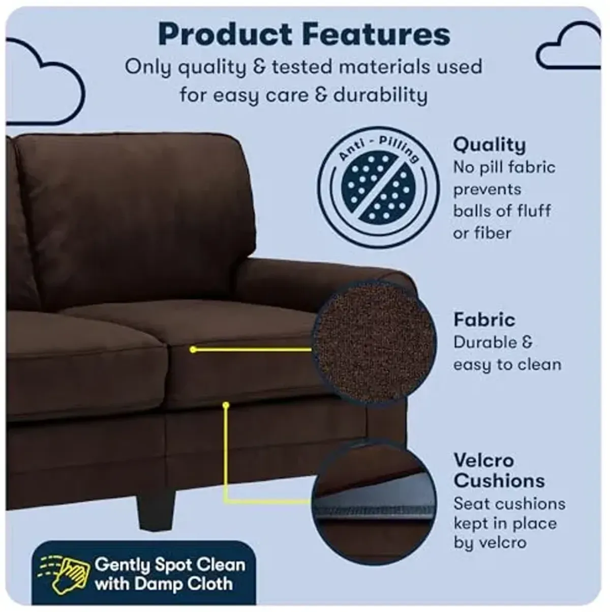 Serta Copenhagen 61" Rolled Arm Sofa, Easy Care Polyester, Soft Pillow Back, Pocket Coil Seat Cushions, Removable Covers, Loveseat or Couch for Small Spaces, Living Rooms or Bedrooms, Brown