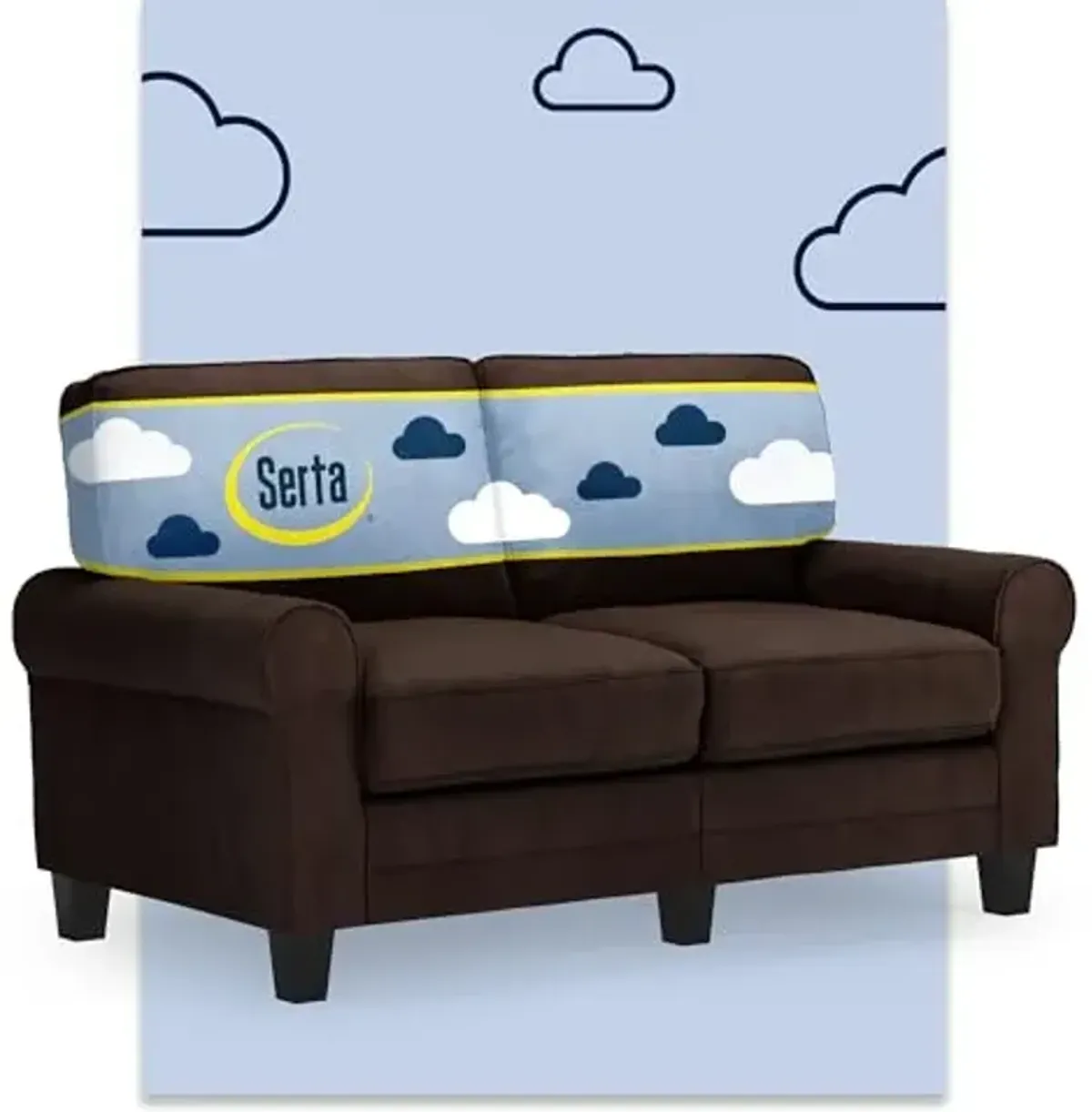 Serta Copenhagen 61" Rolled Arm Sofa, Easy Care Polyester, Soft Pillow Back, Pocket Coil Seat Cushions, Removable Covers, Loveseat or Couch for Small Spaces, Living Rooms or Bedrooms, Brown