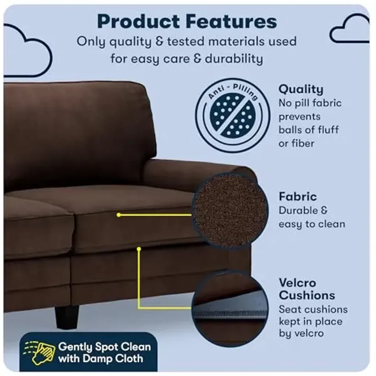 Serta Copenhagen 73" Rolled Arm Sofa, Easy Care Polyester, Soft Pillow Back, Pocket Coil Seat Cushions, Removable Covers, Loveseat or Couch for Small Spaces, Living Rooms or Bedrooms, Brown