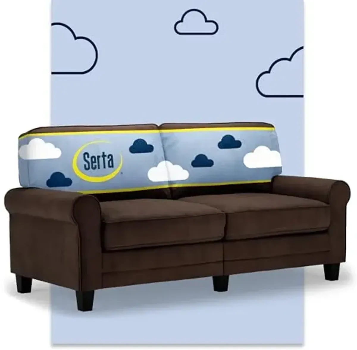 Serta Copenhagen 73" Rolled Arm Sofa, Easy Care Polyester, Soft Pillow Back, Pocket Coil Seat Cushions, Removable Covers, Loveseat or Couch for Small Spaces, Living Rooms or Bedrooms, Brown