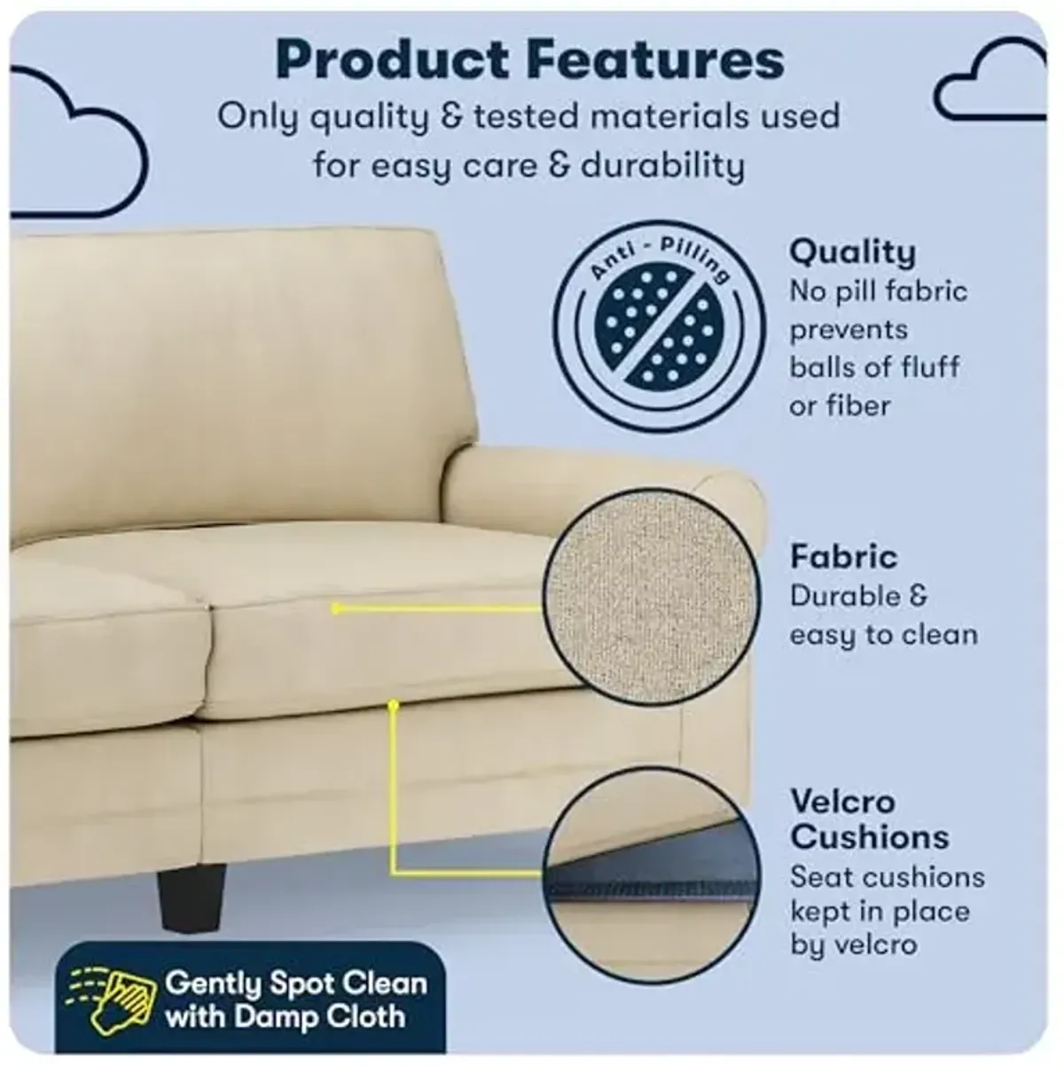 Serta Copenhagen 78" Rolled Arm Sofa, Easy Care Polyester, Soft Pillow Back, Pocket Coil Seat Cushions, Removable Covers, Loveseat or Couch for Small Spaces, Living Rooms or Bedrooms, Tan