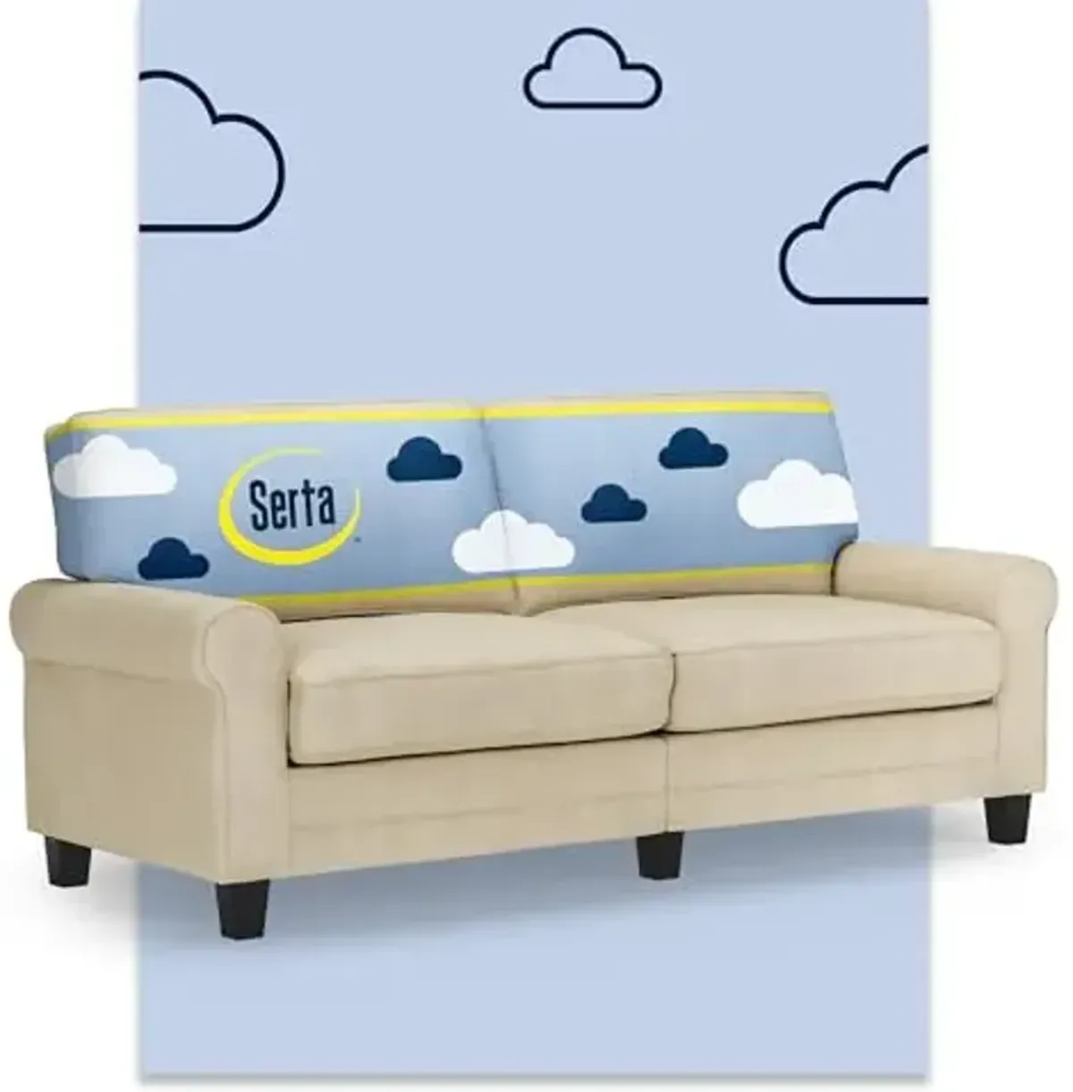 Serta Copenhagen 78" Rolled Arm Sofa, Easy Care Polyester, Soft Pillow Back, Pocket Coil Seat Cushions, Removable Covers, Loveseat or Couch for Small Spaces, Living Rooms or Bedrooms, Tan