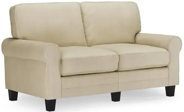 Serta Copenhagen 61" Rolled Arm Sofa, Easy Care Polyester, Soft Pillow Back, Pocket Coil Seat Cushions, Removable Covers, Loveseat or Couch for Small Spaces, Living Rooms or Bedrooms, Tan