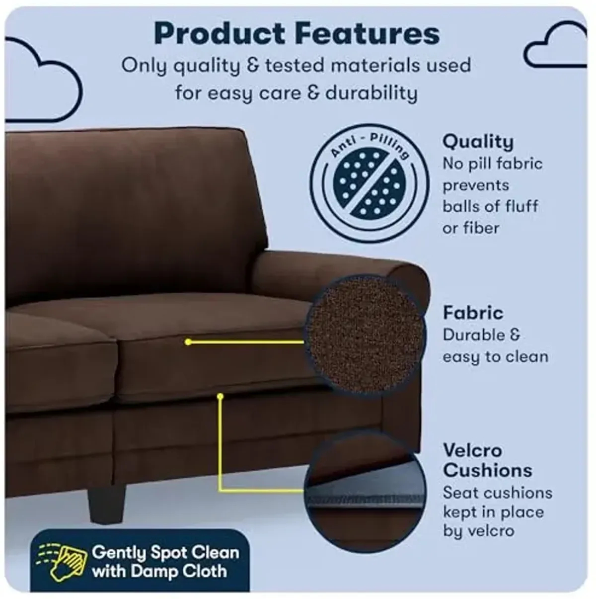 Serta Copenhagen 78" Rolled Arm Sofa, Easy Care Polyester, Soft Pillow Back, Pocket Coil Seat Cushions, Removable Covers, Loveseat or Couch for Small Spaces, Living Rooms or Bedrooms, Brown