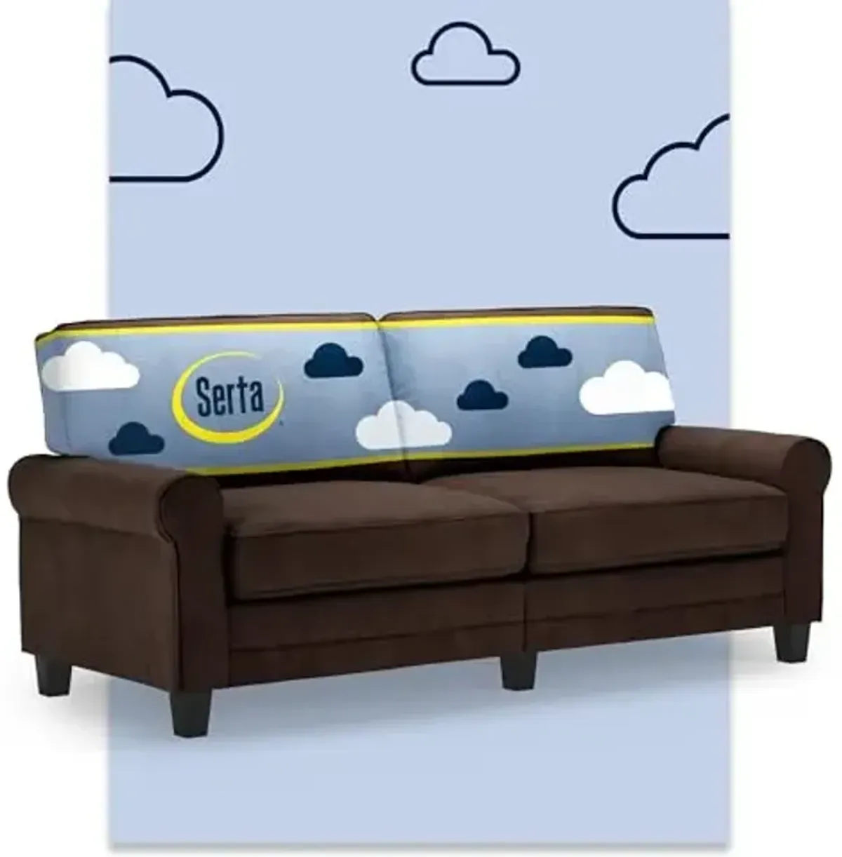 Serta Copenhagen 78" Rolled Arm Sofa, Easy Care Polyester, Soft Pillow Back, Pocket Coil Seat Cushions, Removable Covers, Loveseat or Couch for Small Spaces, Living Rooms or Bedrooms, Brown