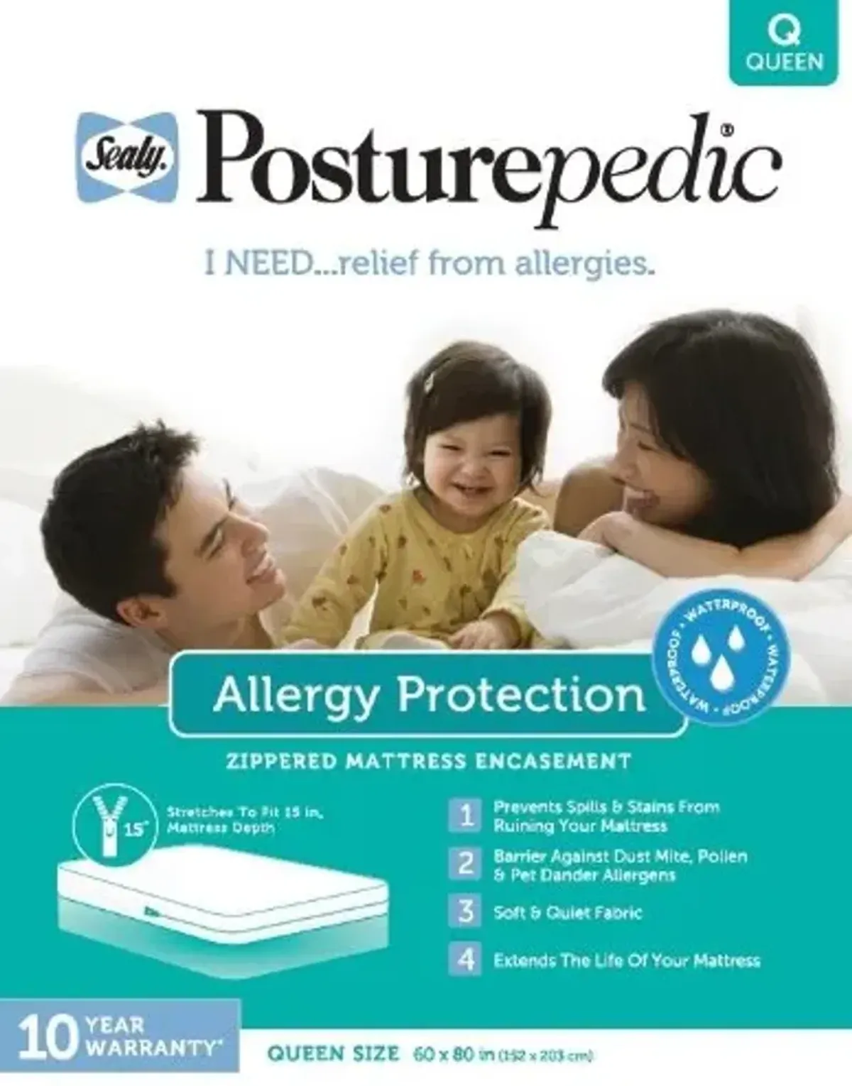 Sealy Posturepedic Allergy Protection Zippered Mattress Protector, Queen