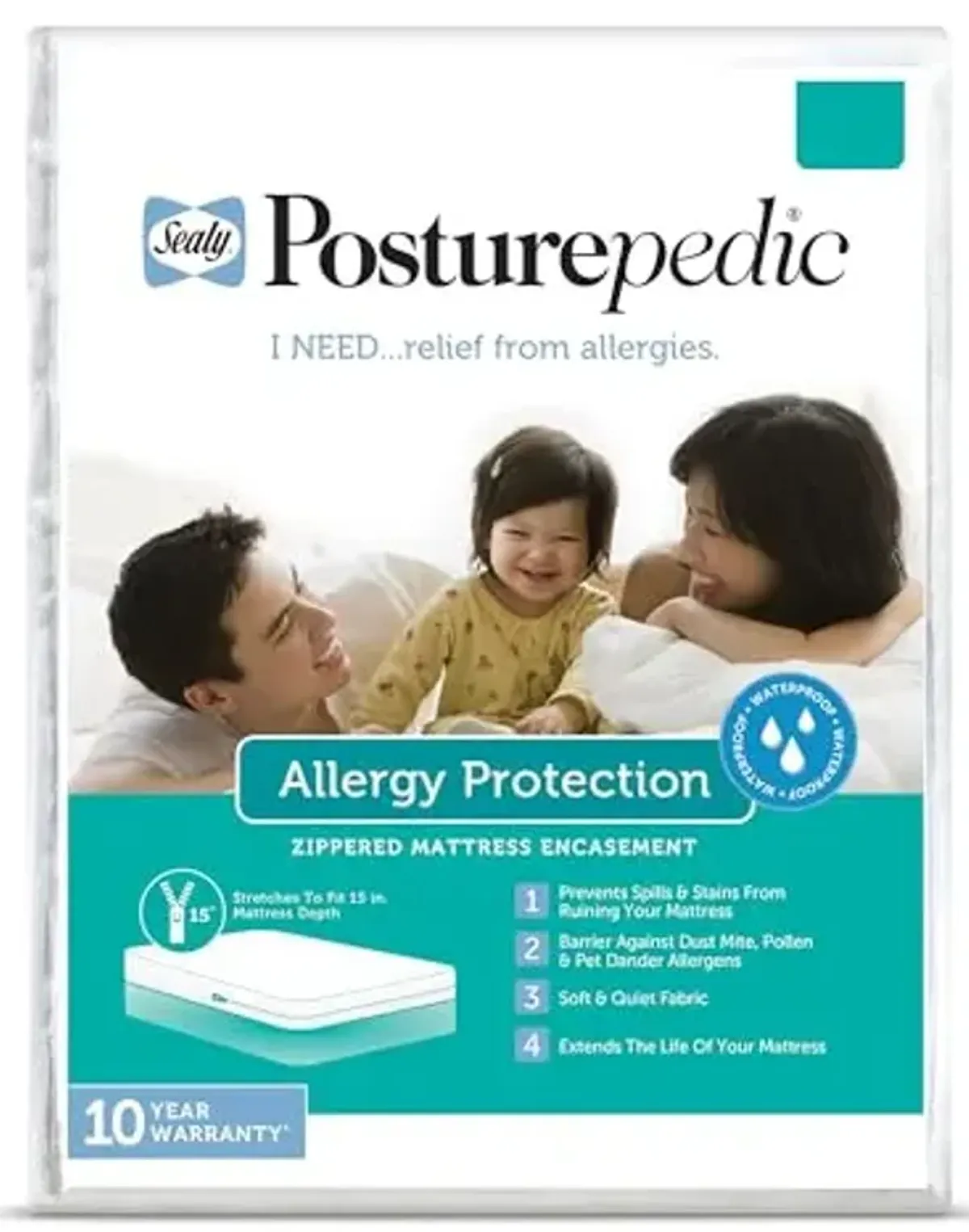 Sealy Posturepedic Allergy Protection Zippered Mattress Protector,White, Twin