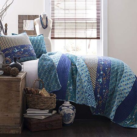 Lush Decor Royal Empire Quilt Striped Pattern Reversible 3 Piece Bedding Set, Full/Queen, Peacock