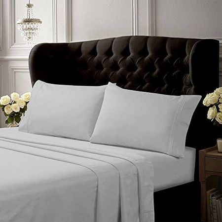 Tribeca Living Twin Bed Sheet Set, Crisp and Smooth Egyptian Cotton Percale Solid Sheets and Pillowcase Set, Extra Deep Pocket, 350 Thread Count, 3-Piece Luxury Bedding, White