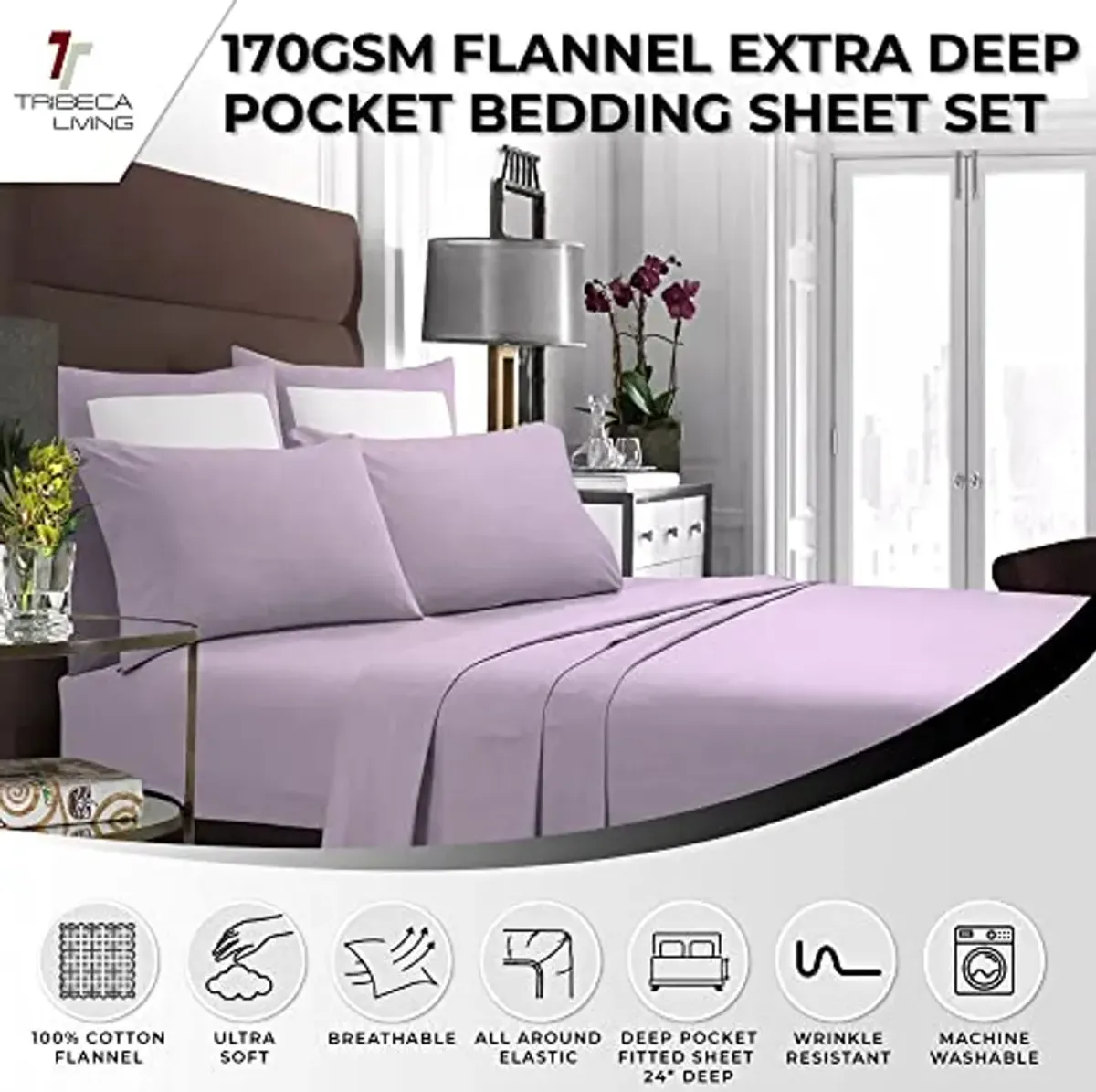 Tribeca Living Luxury Solid Flannel Deep Pocket Sheet Set, Queen, Lavender, (FLSOEDQULA)