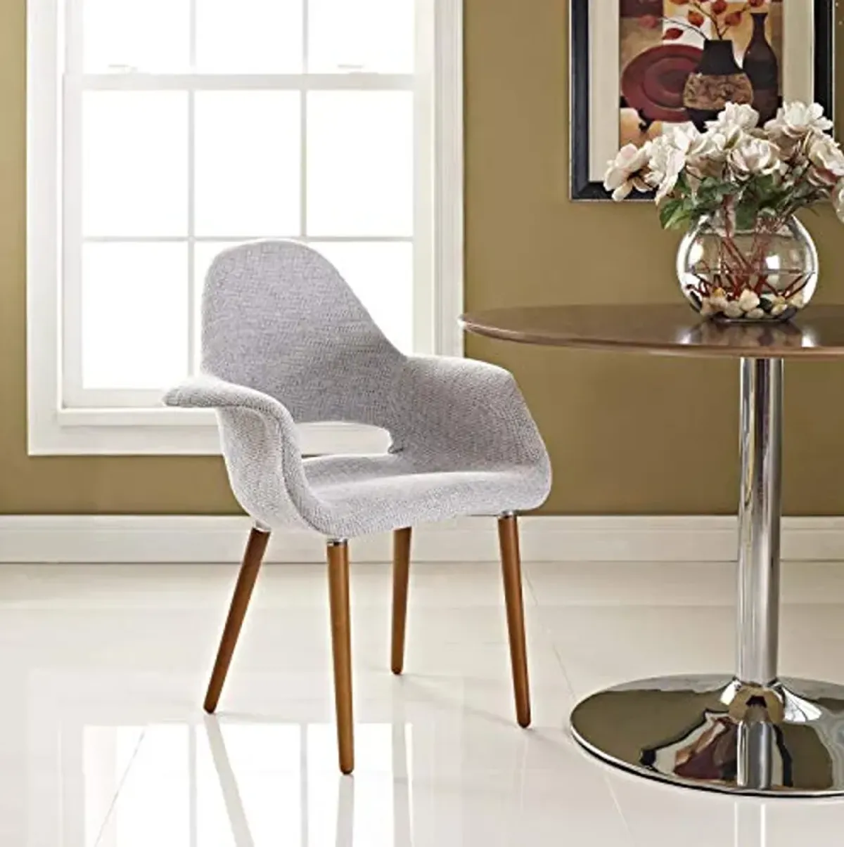 Modway Aegis Mid-Century Modern Upholstered Fabric Dining Chair with Wood Legs in Light Gray