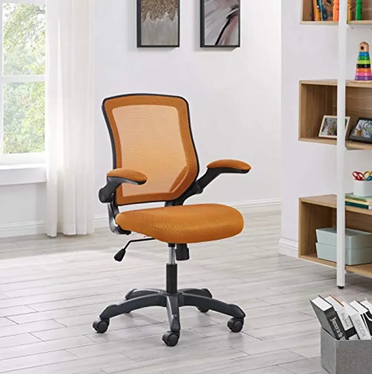 Modway Veer Office Chair with Mesh Back and Vinyl Seat With Flip-Up Arms in Tan