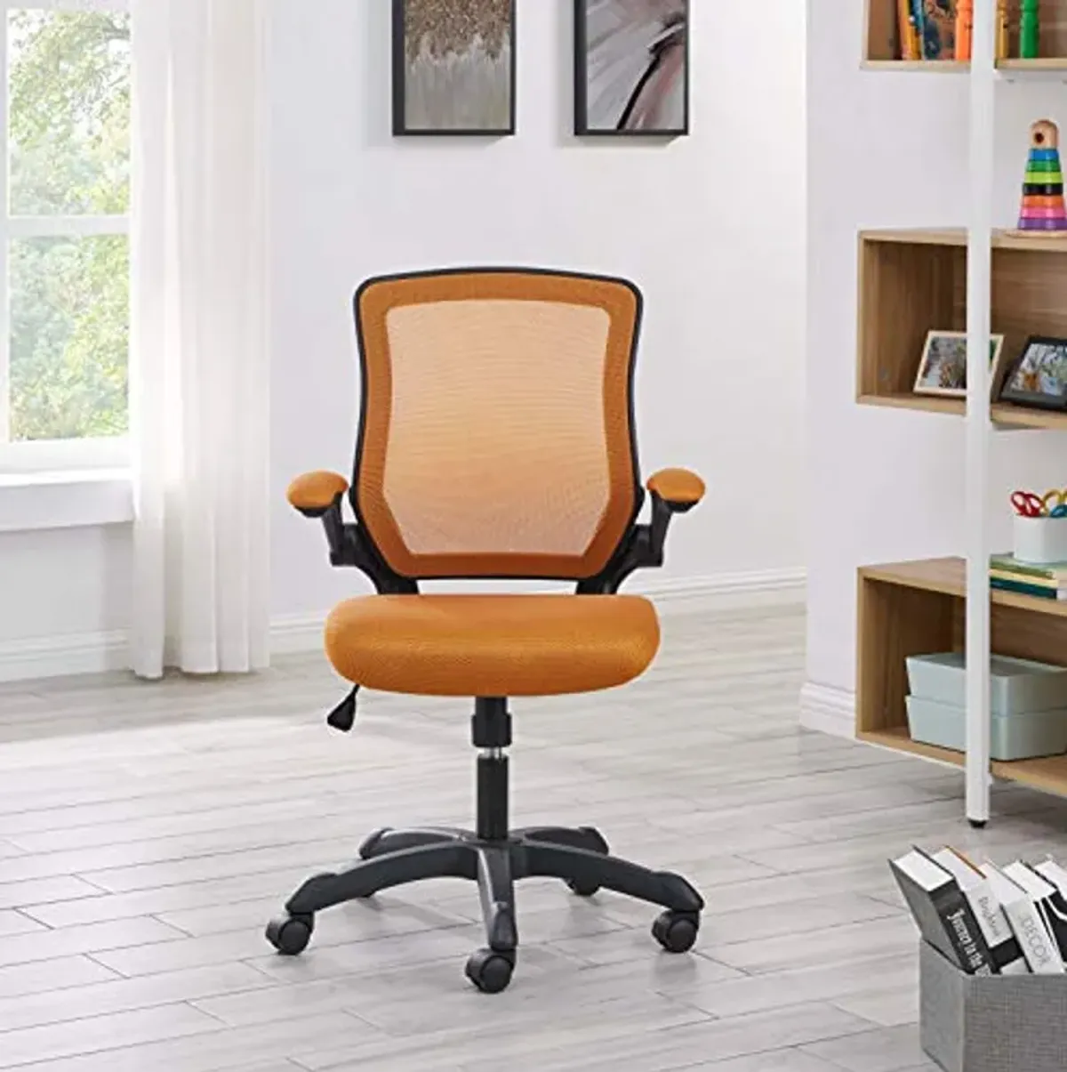 Modway Veer Office Chair with Mesh Back and Vinyl Seat With Flip-Up Arms in Tan