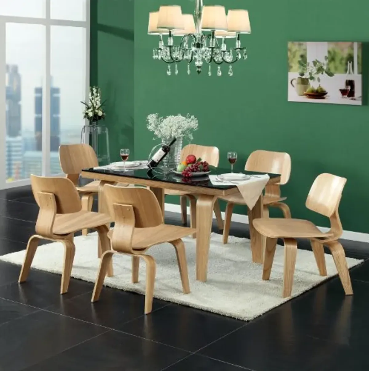 Modway Fathom Mid-Century Modern Molded Plywood Two Kitchen and Dining Room Chairs in Natural