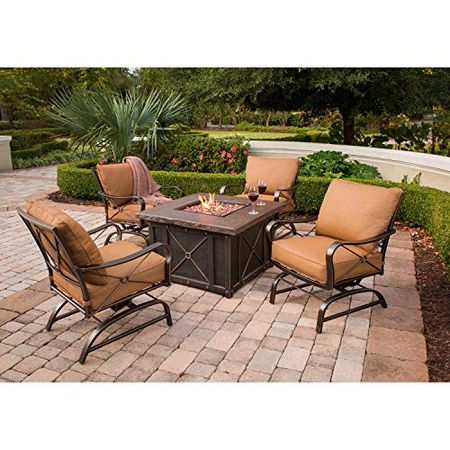 Hanover Lounge Summer Nights 5-Piece Steel Outdoor Patio Set with 4 Rocking Armchairs, Desert Sunset Cushions and 0000 BTU Square Fire Pit Table, SUMMRNGHT5PC, 40"