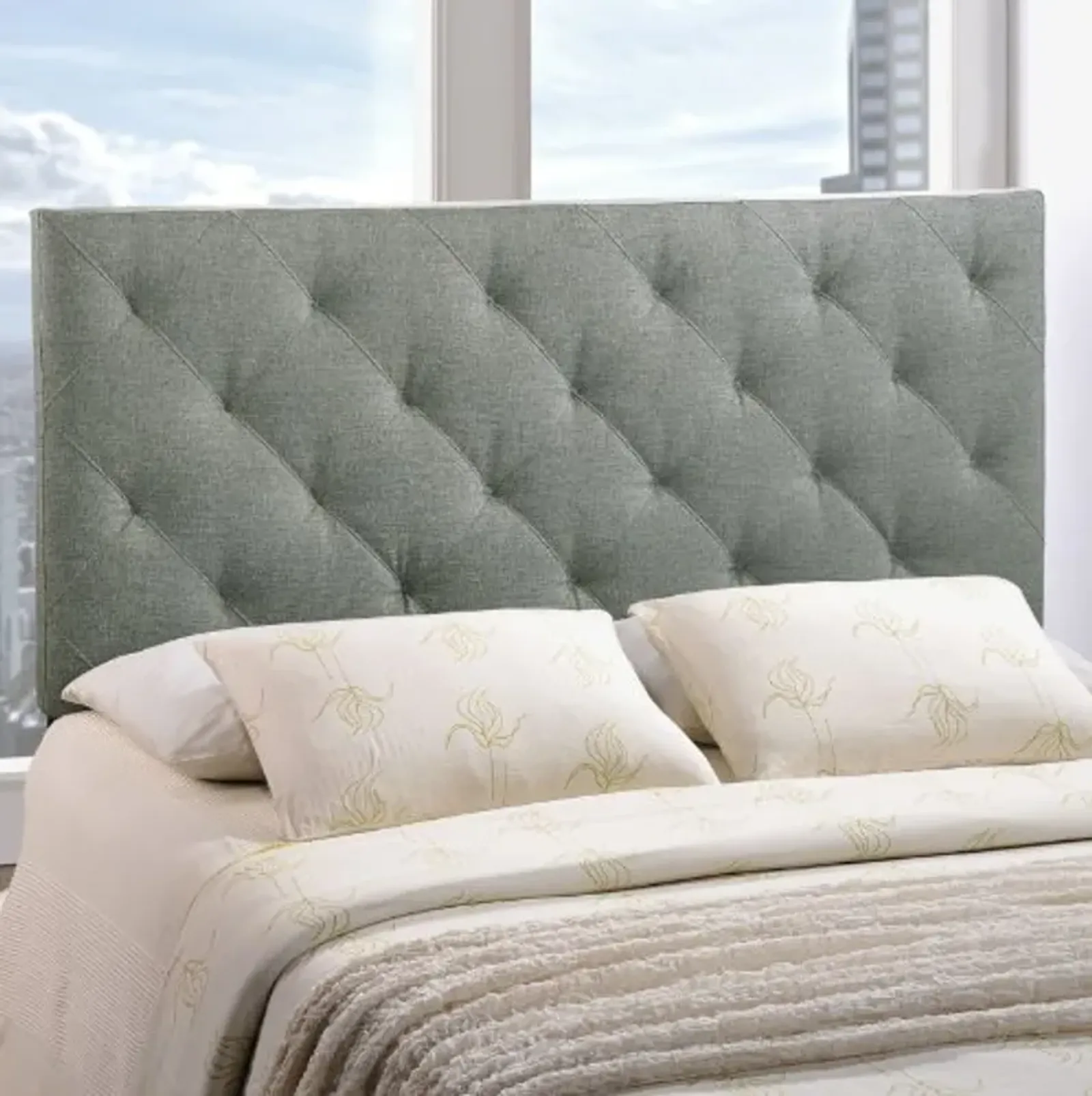 Modway Theodore Tufted Diamond Pattern Linen Fabric Upholstered Queen Headboard in Gray