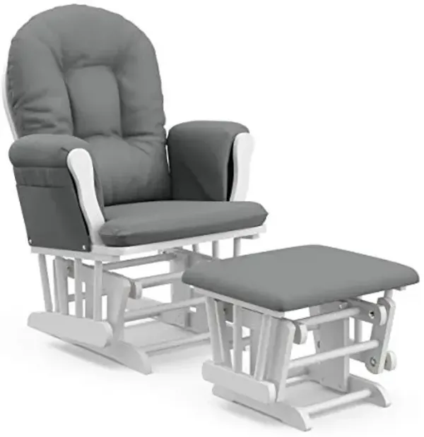Storkcraft Premium Hoop Glider & Ottoman (White/Gray) — GREENGUARD Gold Certified Nursery Glider, Solid Wood Craftsmanship, Smooth-Gliding Nursery Chair and Ottoman, Award-Winning