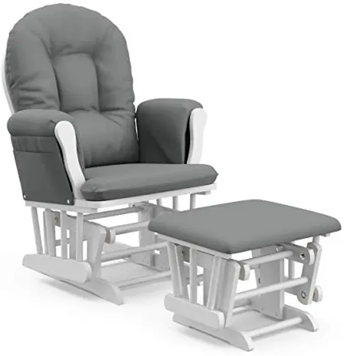 Storkcraft Premium Hoop Glider & Ottoman (White/Gray) — GREENGUARD Gold Certified Nursery Glider, Solid Wood Craftsmanship, Smooth-Gliding, Award-Winning