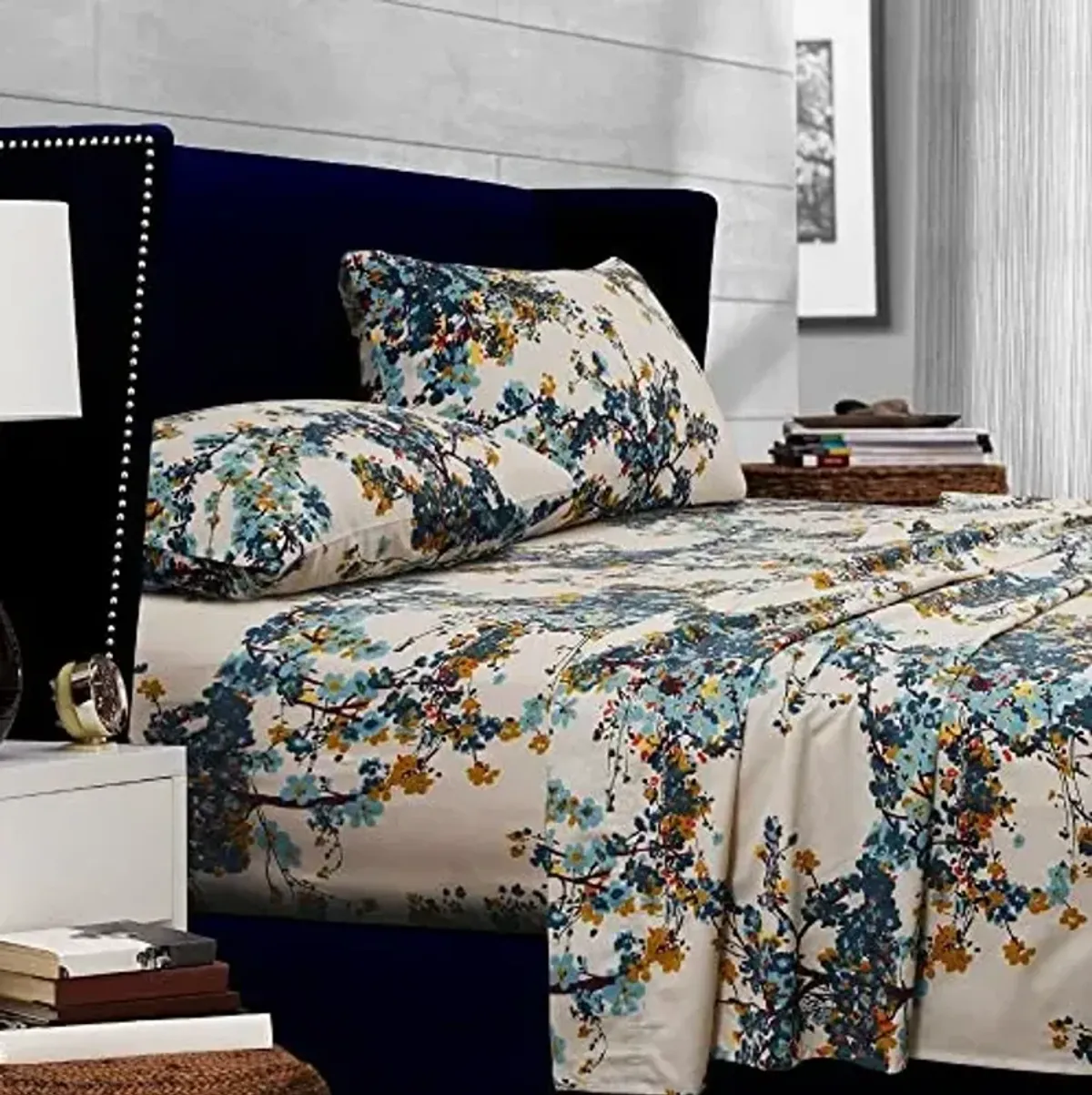 Tribeca Living Deep Pocket Queen Size Sheet Set - 300 Thread Count Cotton Sateen Sheets with 22" Extra Deep Pockets, Oeko-Tex Certified, 4 Piece Bedding Set in Casablanca Floral Print