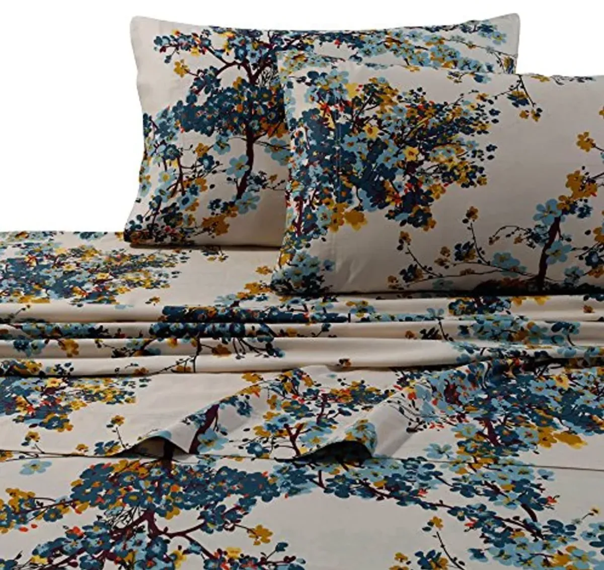 Tribeca Living Full Size Bed Sheet Set, 300 Thread Count Soft Cotton Sateen, Floral Print with Extra Deep Pockets, 4-Piece Bedding Set, Casablanca/Multicolor