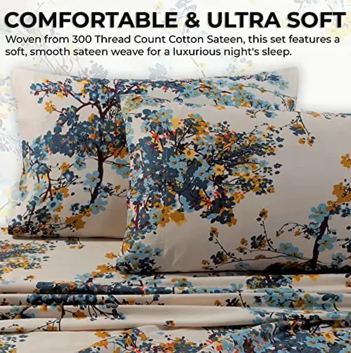 Tribeca Living Deep Pocket King Size Sheet Set - 300 Thread Count Cotton Sateen Sheets with 22-Inch Extra Deep Pockets, Oeko-Tex Certified, 4 Bedding Set in Casablanca Multi Print